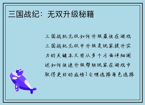 三国战纪：无双升级秘籍